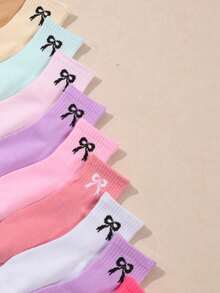 12 Pairs Kids' Random Summer Bow Crew Socks, Cute Multi-Color Soft Breathable Crew Socks, Suitable For Daily School And Casual Wear, For Boys And Girls - Multicolor - View 3