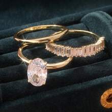 3pcs Set Elegant Stackable Rings, Fully Paved Shiny Cubic Zirconia, Engagement/Wedding Rings, Luxury Party Accessories - Gold - View 5