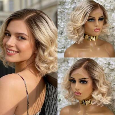 13x4渐变奶油金高清蕾丝前假发，高品质女士短款波浪波波头假发，无需胶水，预拔发际线，带婴儿绒毛