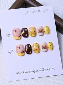 10片/套，手工制作的Y2K黄色短圆掌贴片，采用法式设计，饰有3D手工蝴蝶结和手绘蝴蝶结形状的五角星网格线。套装包含1片啫喱和1把指甲锉。非常适合日常使用，也适合科切拉音乐节的造型，以及美甲贴片和指甲护理产品。 - 黃色 - 查看 3