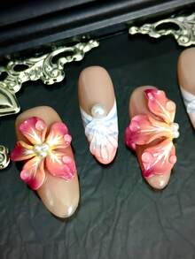 10 piezas Pegatinas de uñas ovaladas brillantes de color naranja estilo Y2K, flores blancas talladas a mano en 3D, gotas de agua ondulada pintadas a mano en 3D, uñas borrosas, decoraciones de mini perlas en 3D, pegatinas de uñas acrílicas ovaladas hechas a mano, con 1 lima de uñas mini, para uñas hermosas y encantadoras, adecuadas para mujeres y niñas - Multicolor - Ver 4