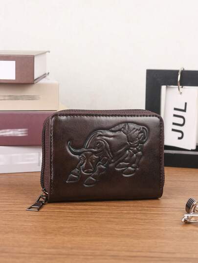 HOVI'S Bolso de tarjetas de cuero de PU marrón con grabado exquisito hecho a mano, estilo vintage clásico, gran capacidad, monedero corto casual con múltiples compartimentos para tarjetas, efectivo, identificación y monedas, ligero y portátil