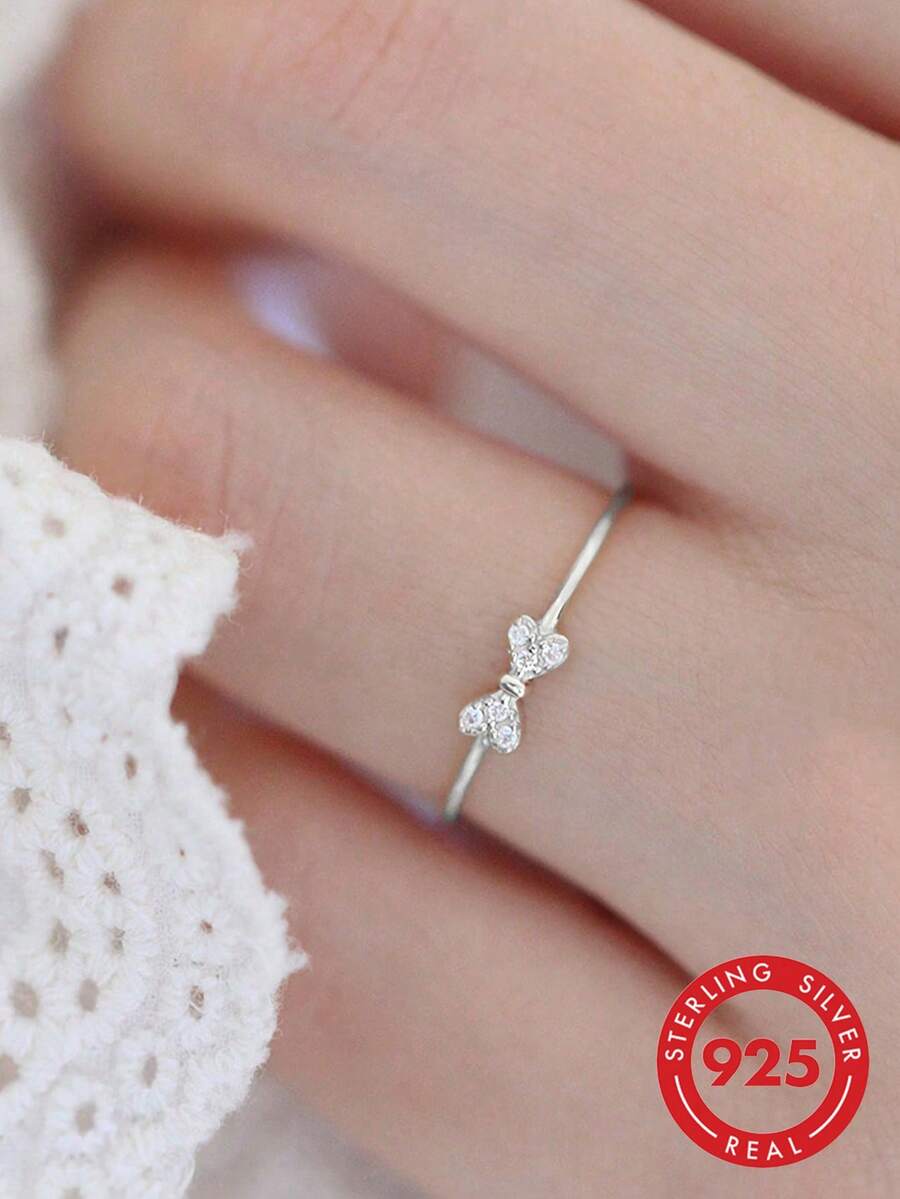 BALMORA 1 pieza Anillo de pareja minimalista, de plata de ley 925, anillo con moño de circonita delicado, estilo japonés ligero y lujoso
