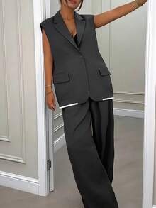 Elegant Women's Solid Color Sleeveless Splice Contrast Color Ribbed Pocket Zipper Button Office Suit Set, Suitable For Commuting And Casual Daily Wear - Dark Grey - View 5