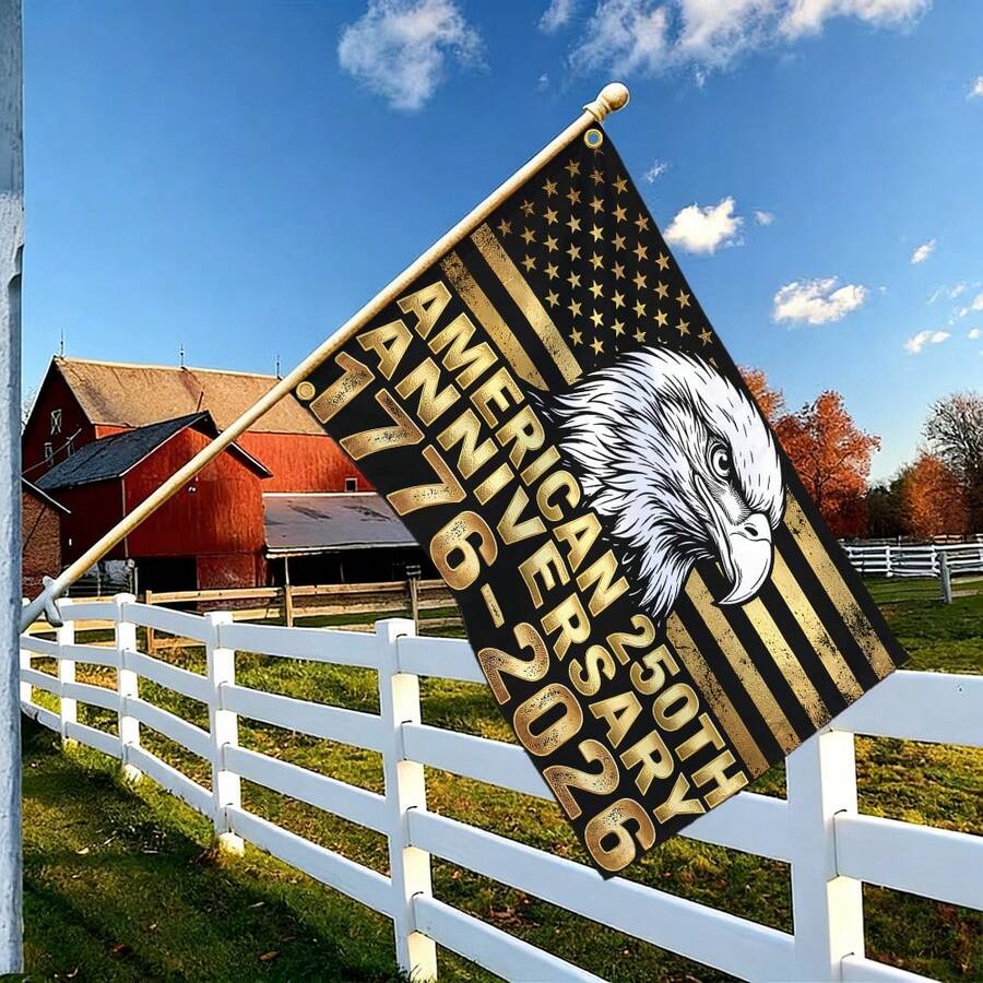 1pc 1776-2026 250th Anniversary Patriotic Handheld Flag, Golden Bald Eagle Patriotic Emblem Print, Premium Polyester, Double Sided, Weather Resistant, Fade Resistant, Washable, For 4th Of July Independence Day Memorial Day Summer Outdoor DecorDecorative Tapestry - 單面印刷 - 查看 1