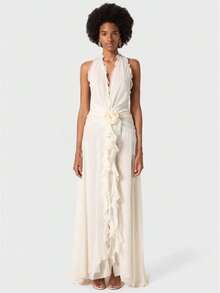 Summer New Women's Fashion Elegant Temperament Long Dress Goddess Sexy V-Neck Sleeveless Three-Dimensional Floral Ruffle Seaside Vacation Flowing Long Dress In Multiple Colors For Parties, Banquets, And Dates - trắng - Xem 1