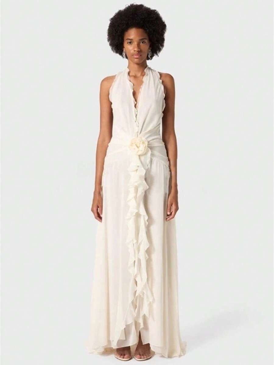 Summer New Women's Fashion Elegant Temperament Long Dress Goddess Sexy V-Neck Sleeveless Three-Dimensional Floral Ruffle Seaside Vacation Flowing Long Dress In Multiple Colors For Parties, Banquets, And Dates - trắng - Xem 1