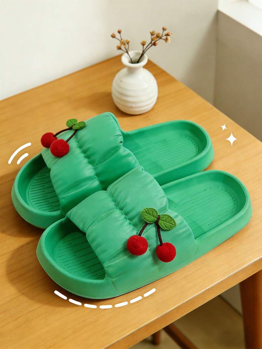 女款 DIY 3D 櫻桃拖鞋,露趾 EVA 防滑浴室拖鞋,寬楦頭設計,柔軟舒適輕便,適合室內外使用 - 綠色 - 查看 1