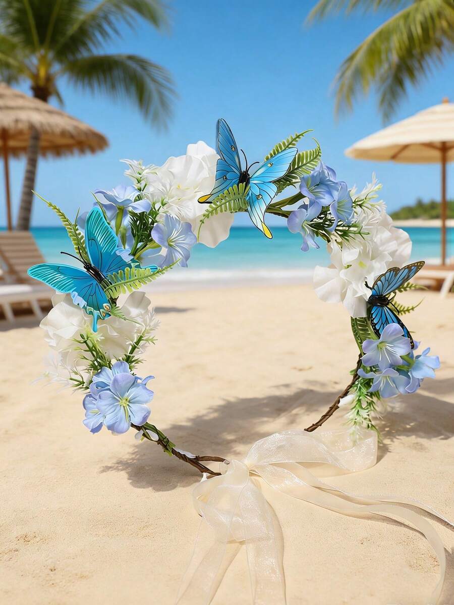 1个女孩仿真花环,优雅绣球花和蝴蝶花卉头饰,适合毕业典礼、旅行、拍照等场合,蝴蝶花朵图案随机。 - 藍色 - 查看 1