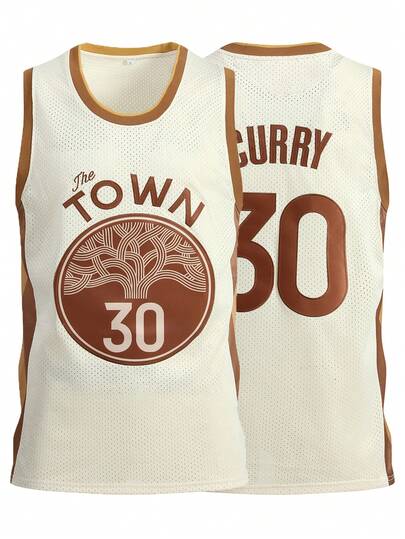 Atonmore 30# 米色刺绣无袖篮球服，男士休闲运动衫