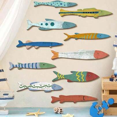 Bộ 1/10 món đồ trang trí tường bằng gỗ hình cá phong cách đại dương cổ điển – Tranh treo tường chủ đề hàng hải và trang trí tiệc bãi biển mùa hè; Lý tưởng cho biệt thự ven biển, phòng khách, phòng tắm và phòng trẻ em, tạo nên bầu không khí hàng hải tươi mới.