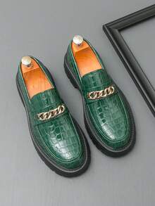 Men's Leather Shoes, Fashionable Youth Thick Sole Oxfords, Slip-On Loafers, British Style Casual Dress Shoes, Business Casual Daily Walking Shoes, Plus Size Men's Shoes - Green - View 3