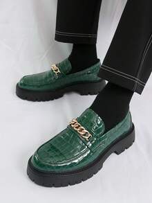 Men's Leather Shoes, Fashionable Youth Thick Sole Oxfords, Slip-On Loafers, British Style Casual Dress Shoes, Business Casual Daily Walking Shoes, Plus Size Men's Shoes - Green - View 7