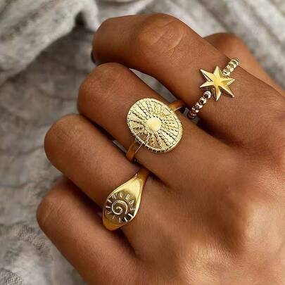 3pcs/Set 304 Stainless Steel Octagram & Sunflower Design Adjustable Open Rings, Minimalist Unique Jewelry