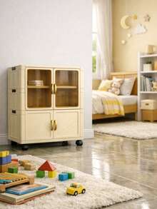 三层可折叠移动储物柜，带轮子、透明门，多功能置物推车，适用于家庭、办公室、浴室 - 节省空间 - 米色 - 查看 9