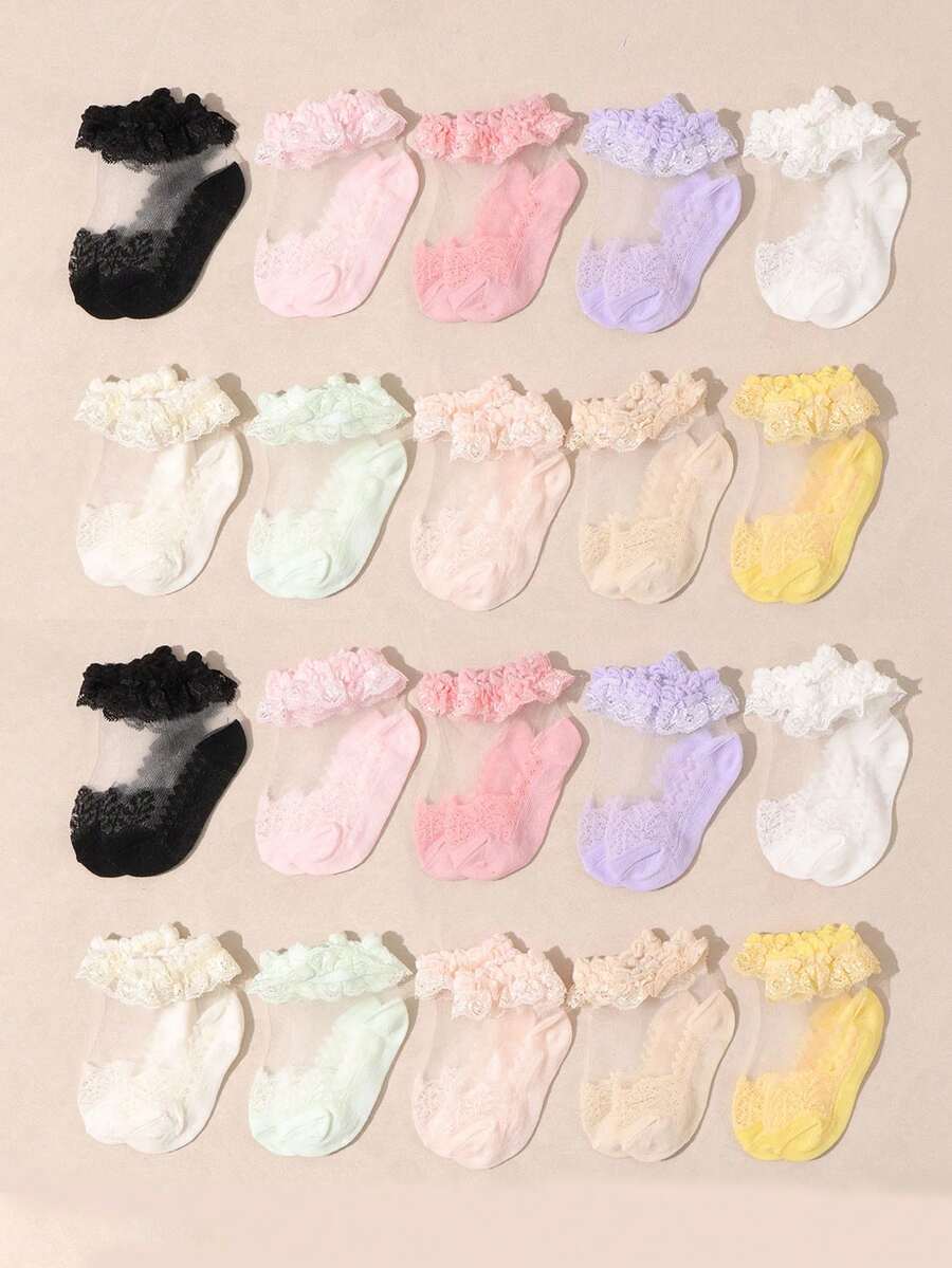 10双婴儿/幼儿蕾丝花边透明网眼公主风袜子，柔软透气，网眼面料，适合派对、节日、日常穿着 - 彩色 - 查看 1