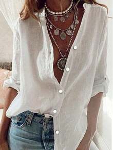 Blusa de manga larga de un solo pecho, de unicolor, de estilo minimalista y versátil, adecuada para uso diario, viajes, todas las estaciones y el Día de San Valentín, primavera - Blanco - Ver 1