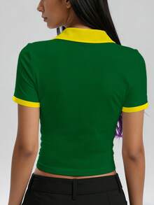 T-shirt de sport tricoté pour femmes, maillot de football du Brésil, polo sport imprimé blocs de couleurs pour l'extérieur, tenue décontractée, convient pour les matchs de football en extérieur, les sports de plein air, les activités décontractées, la course, l'entraînement - Multicolore - Voir 6