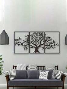 3pcs Metal Tree Wall Art Set - Frameless Iron Decor Suitable For Living Room, TV Background Wall, Porch, Modern Home Decor, Bedroom, Bathroom, Waterproof & Rust-Proof, Durable, Birthday Gift, Kitchen, Won't Fade, Holiday Essential - 黑色 - 查看 3