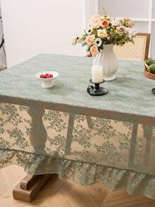 1pc French Countryside Style Floral Lace Trim Tablecloth, Holiday Decor - Green - View 6