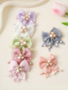 8 piezas Clips para el cabello con lazo de satén jacquard francés aleatorio, decorados con perlas y rhinestones, estilo dulce para niña, aseguran el cabello rebelde, adecuados para ir al trabajo, citas, viajes y cumpleaños - Multicolor - Ver 8