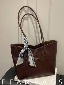 2026 Nuevo bolso de mano de gran capacidad para mujer, versátil con bufanda, bolso de tela de estilo primavera/verano, bolso de hombro para ir al trabajo - Café - Ver 1