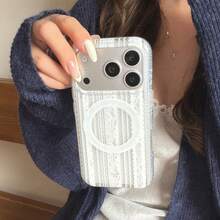 极简白色蕾丝亮片17 Pro Max/16 Pro Max手机壳，可爱时尚，适合女生，保护套兼容 15 Pro/14/13 - 白色 - 查看 6