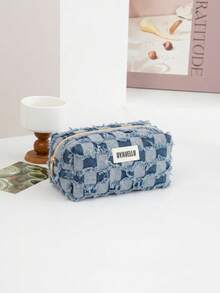 1 pieza/3 piezas Bolsa de cosméticos con estampado a cuadros elegante, bolsa de aseo de viaje con cremallera y borlas, organizador de negocios ligero, esencial de viaje, útiles escolares, set de bolsas de cosméticos de tela suave, cartera y bolso de mano de moda, adecuado para familia, viaje, vacaciones y escuela, esencial para el dormitorio, regalo para dama de honor, regalo del Día de la Madre, regalo de cumpleaños. - Azul - Ver 10