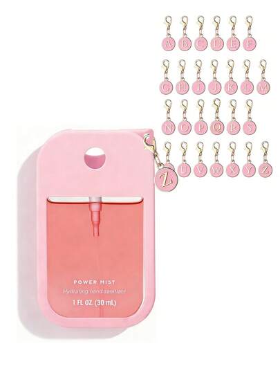 1 Set 1 Oz (30ml) Botella de spray desinfectante de manos sin enjuague, 26 diseños de corazón y letra Funda protectora de silicona anti-caída y anti-colisión con llavero, adecuada para viajes, al aire libre, regalos, Halloween, Navidad