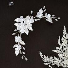 1件手工编织白色叶子发夹，闪亮派对/婚礼礼服头饰 - 銀色 - 查看 2