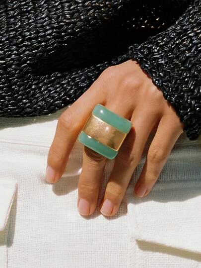 2枚撞色几何树脂戒指，绿色和金色多色戒指，时尚开口戒指，女士饰品