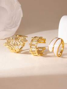 3pcs Set Unique Stainless Steel 18K Gold Plated Leaf Shaped Midi Rings, Minimalist Open Finger Rings For Women - Multicolor - View 3