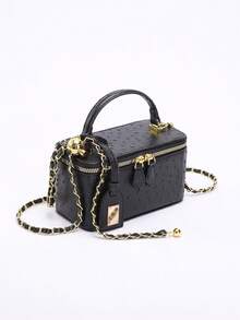 Tas Selempang Mini Persegi Hitam, Tas Tangan Fashion Wanita dengan Tali Rantai Bola Emas yang Dapat Diatur, Cocok untuk Perjalanan Sehari-hari - Hitam - View 3