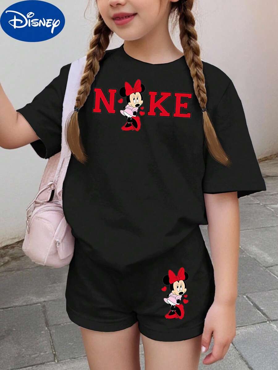 Disney,Children's Disney M-Innie Mouse-Style Casual T-Shirt And Shorts Set,Girl Outfit Sets, 4th Of July,Disney Collaboration - 黑色 - 查看 1