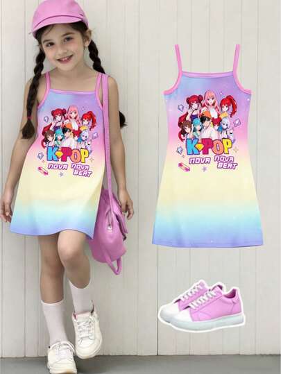 Toddler Girls' Gradient Strap Cartoon Dress, K-POP Streetwear Cute Style, Korean Sweet Sleeveless Dress, Comfortable Summer Outfit For Daily Casual, Beach Vacation, Outing, Street Photography, Birthday Party