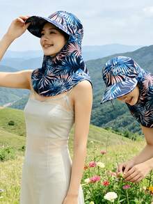 1 pieza Sombrero decorativo casual de poliéster con estampado, 2 piezas Sombrero de sol para mujer para primavera, jardinería, agricultura, exterior, ciclismo, playa, verano - Sombrero de sol integrado con estampado tropical - Ver 2