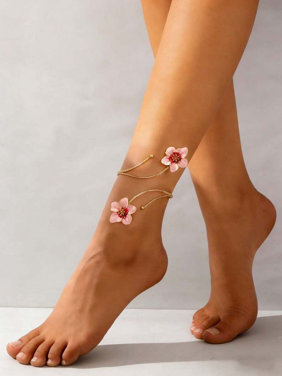 1pc Punk Style Exaggerated Alloy Metal Multi-Color Enamel Flower Anklet, Fashionable And Cooling Summer Accessory, Long-Lasting Colorful Floral Anklet Suitable For Women's Daily Wear, Holidays, Mother's Day, Gatherings, Beach, Vacation (The Floral Enamel Colors May Vary Due To The Handmade Process, With Possible Color Bleeding Or Transfer) - Multicolor - View 1