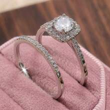 2pcs Set Minimalist Sparkling Cubic Zirconia Ring Set, Elegant Accessory For Wedding & Festive Occasions, Ideal Gift For Women - Silver - View 8
