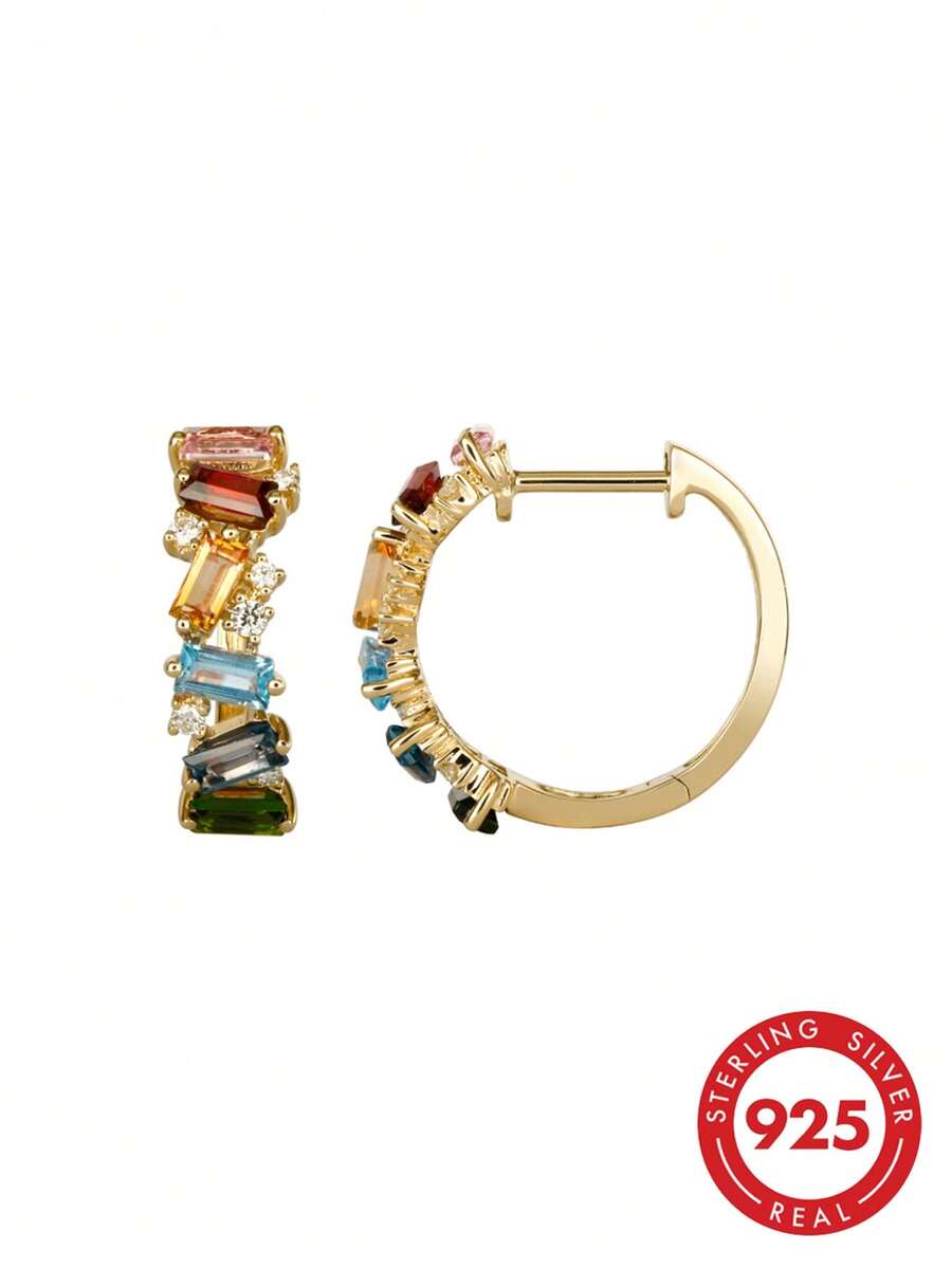 Khuyên tai vòng bằng bạc Sterling 925 đính đá Zirconia cầu vồng, món trang sức thiết kế sang trọng, thời trang, phù hợp để đeo hàng ngày hoặc dự tiệc. - Bông tai cầu vồng - Xem 1
