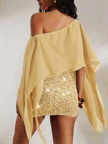 2026 Summer Women's Sexy Off-Shoulder Asymmetric Draped Sleeve Chiffon Cropped Top, Essential For Party, Date, Vacation - Yellow - View 4