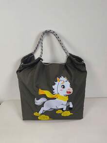 New Casual Japanese Style Women's Bag, Embroidered Nylon Cute Horse Pattern Shopping Bag, Unique Design Fashion Commuter Holiday Party Large Capacity Shoulder Tote Bag - Multicolor - View 1