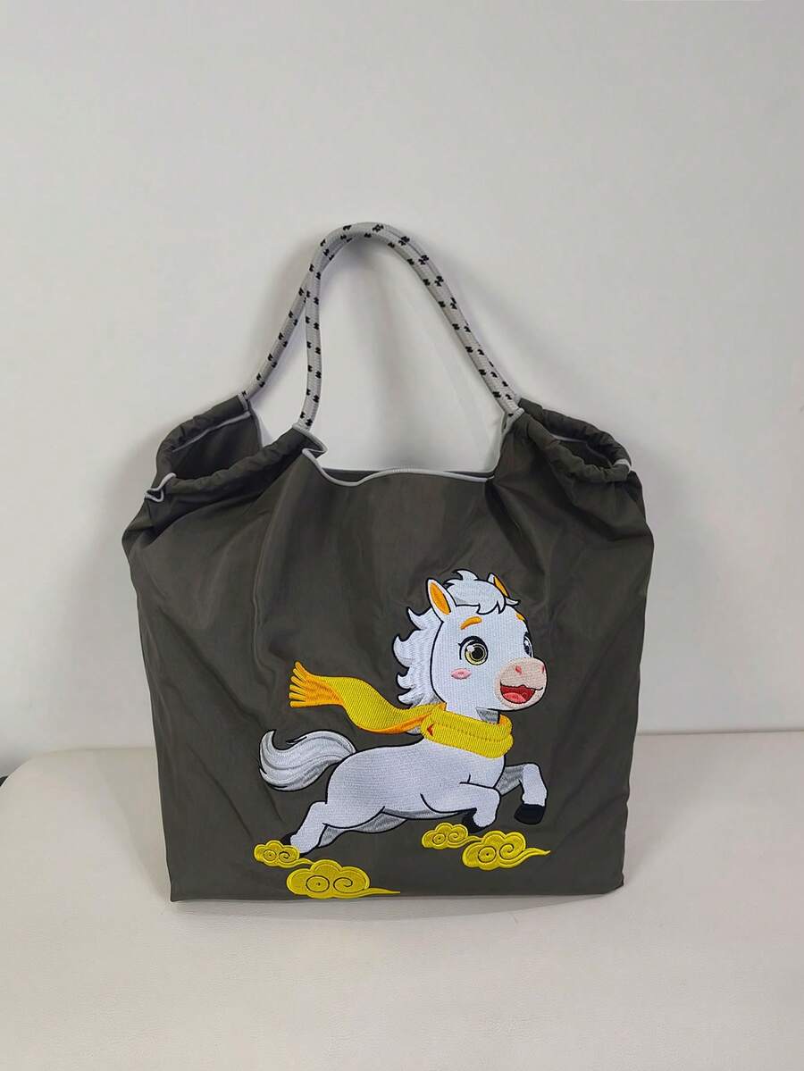 New Casual Japanese Style Women's Bag, Embroidered Nylon Cute Horse Pattern Shopping Bag, Unique Design Fashion Commuter Holiday Party Large Capacity Shoulder Tote Bag - Multicolor - View 1