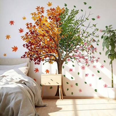 BRUP Bộ 1/3 tờ giấy dán tường khổ lớn chủ đề cây bốn mùa mộng mơ, nửa xanh mùa xuân với hoa anh đào và chim chóc, decal cây cối phong cách Cottagecore trang trí phòng ngủ trẻ em, có thể bóc dán dễ dàng, tranh nghệ thuật chủ đề bốn mùa cho phòng ngủ, kích thước 30*90cm*3