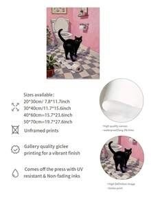 1幅无框黑猫墙面艺术海报，粉色浴室帆布画，漂浮卫生纸主题墙面装饰，奇幻艺术印刷品，现代墙面艺术，复古装饰海报，家居装饰，礼品 - 适用于客厅、卧室和家庭办公室 - 彩色 - 查看 3