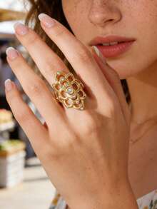 1 pieza Anillo minimalista de acero inoxidable con flor/rectángulo de nácar, adecuado para uso diario de mujeres, Día de la Madre, boda, vacaciones, viajes, Pascua - Dorado - Ver 1