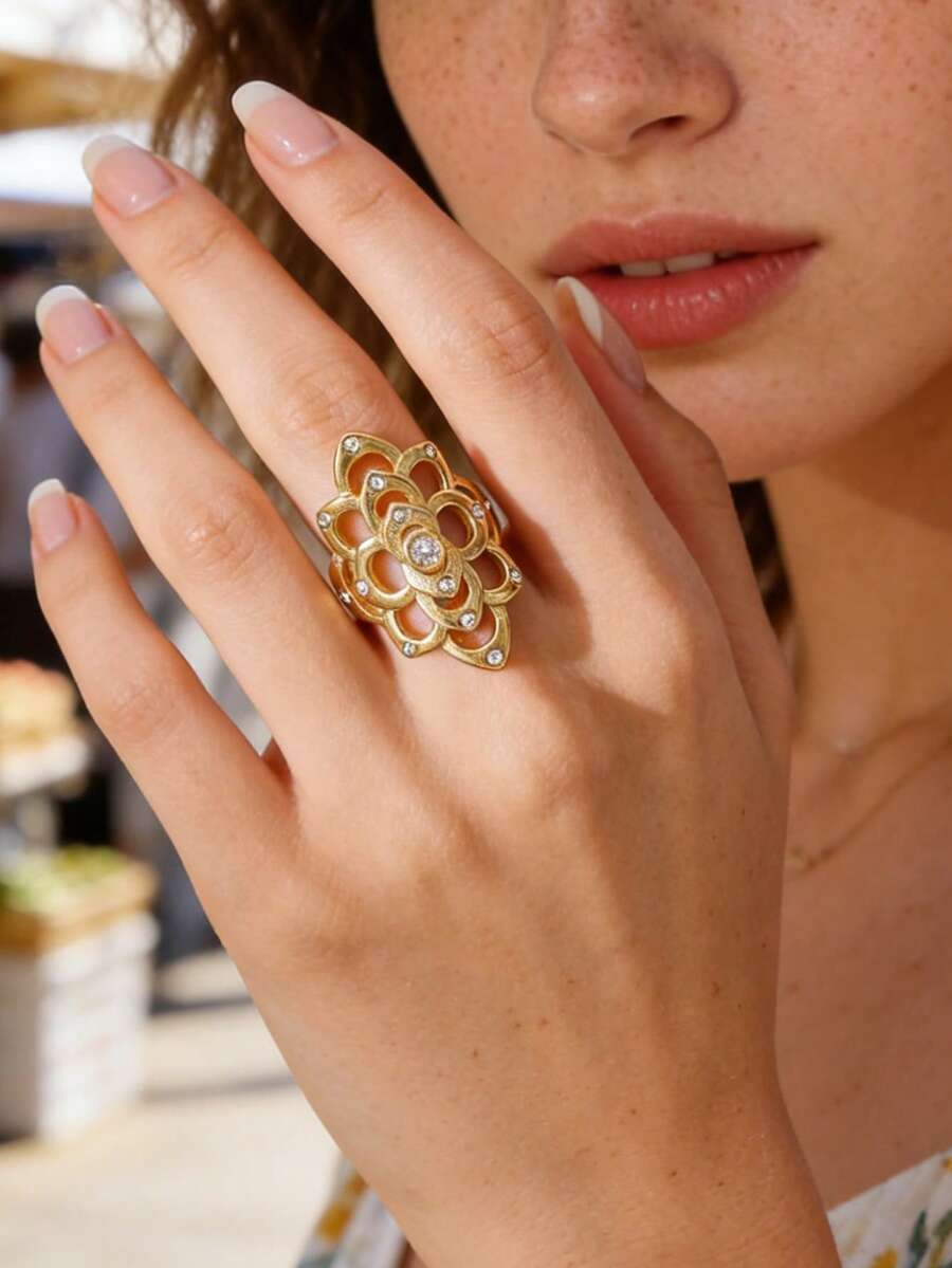 1 pieza Anillo minimalista de acero inoxidable con flor/rectángulo de nácar, adecuado para uso diario de mujeres, Día de la Madre, boda, vacaciones, viajes, Pascua - Dorado - Ver 1