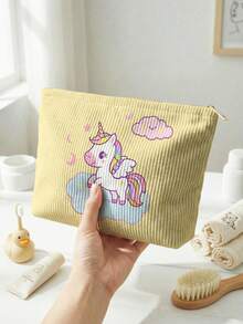 1pc Cartoon Horse Print Large Capacity Lightweight Versatile Cosmetic Bag, Corduroy Toiletry Makeup Bag For Lipstick, Brushes, Skincare, Phone, Coins, Small Items, Suitable For Home, Gift, Vacation, Holiday, Multifunctional Pouch For Teenagers, School, Back To School Supplies, Makeup And Toiletry Storage, Dorm Room Organizer - Multicolor - View 4