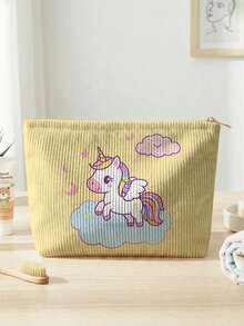 1pc Cartoon Horse Print Large Capacity Lightweight Versatile Cosmetic Bag, Corduroy Toiletry Makeup Bag For Lipstick, Brushes, Skincare, Phone, Coins, Small Items, Suitable For Home, Gift, Vacation, Holiday, Multifunctional Pouch For Teenagers, School, Back To School Supplies, Makeup And Toiletry Storage, Dorm Room Organizer - Multicolor - View 2