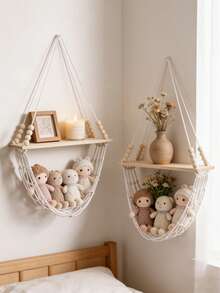 1 pieza/2 piezas Estantería colgante hecha a mano, estantes de pared con diseño minimalista y bohemio, estructura colgante tejida tipo hamaca, estantería flotante de múltiples capas para decoración y almacenamiento, adecuada para sala de estar, dormitorio, habitación de niños, entrada, esquina de la pared, plantas, velas, exhibición de marcos de fotos - Beis - Ver 5