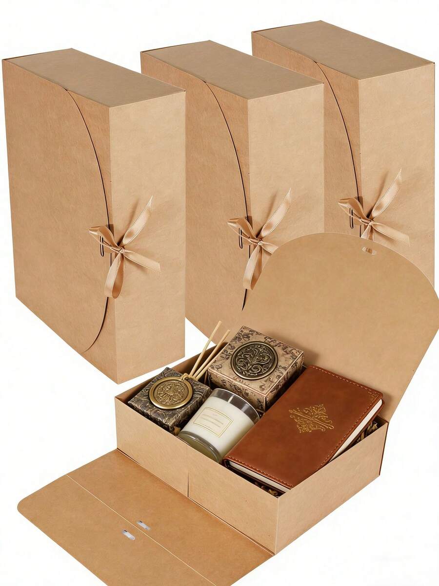 Kraft Paper Gift Box With Lid & Ribbon Closure - Large Vintage Folding Gift Box For Candles, Soaps & Journals, -Friends Presentation Box For Wedding, Party & Home Decor - Camel + Camel Ribbon - View 1
